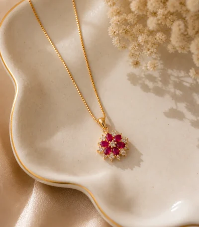 ruby flower pendant necklace for women Lumira PK Jewelry gold floral design