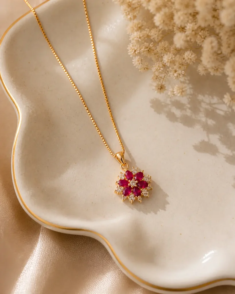 ruby flower pendant necklace for women Lumira PK Jewelry gold floral design