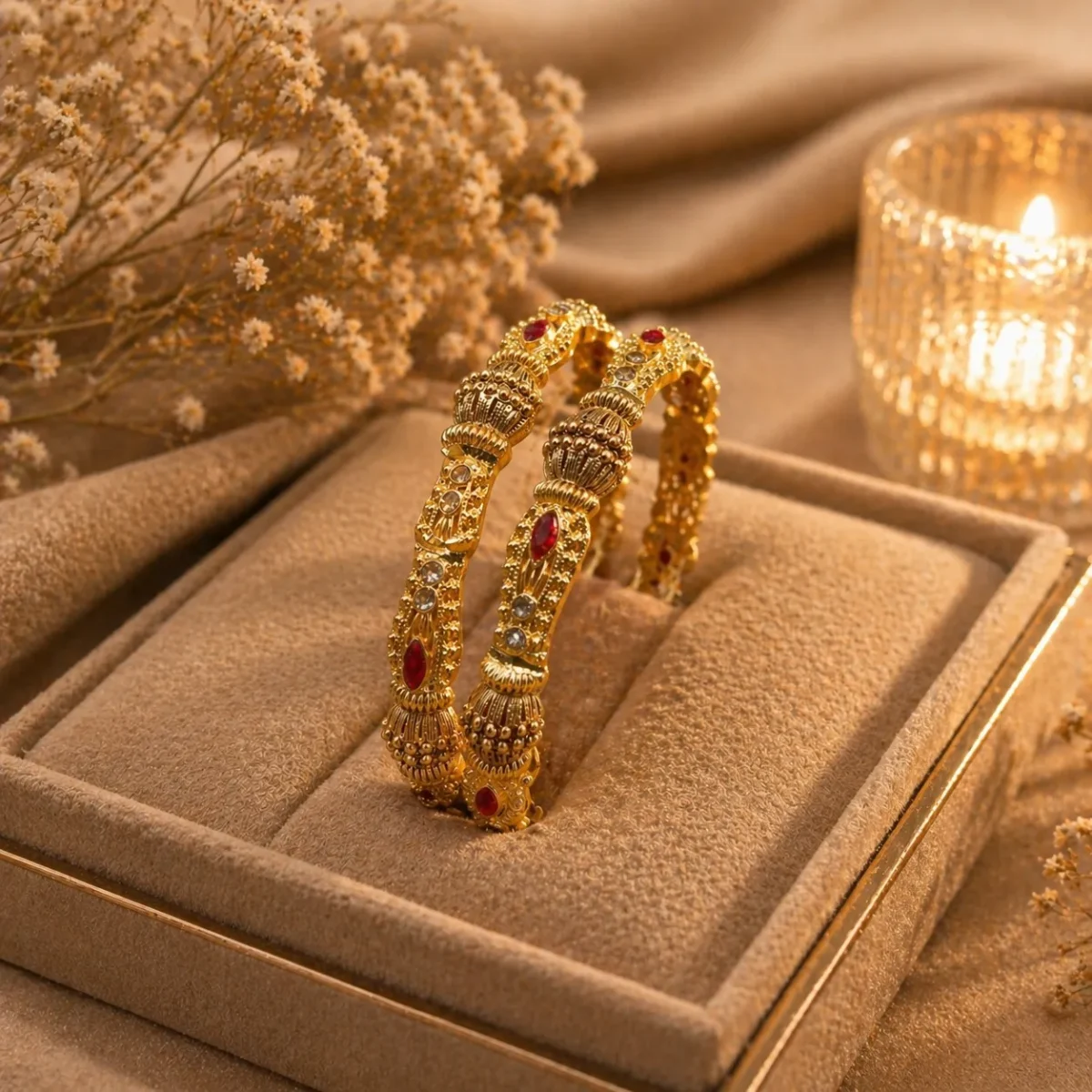 Enchanting Kundan Ruby Bangle Pair for Women | 2-Piece Bridal Stone Kangan with Crystal Detail - Image 3