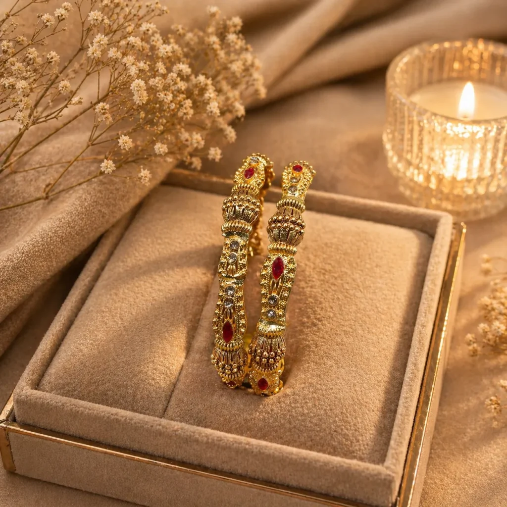 Kundan ruby bangle pair Pakistan — 2-piece bridal crystal stone kangan by LumiraPK
