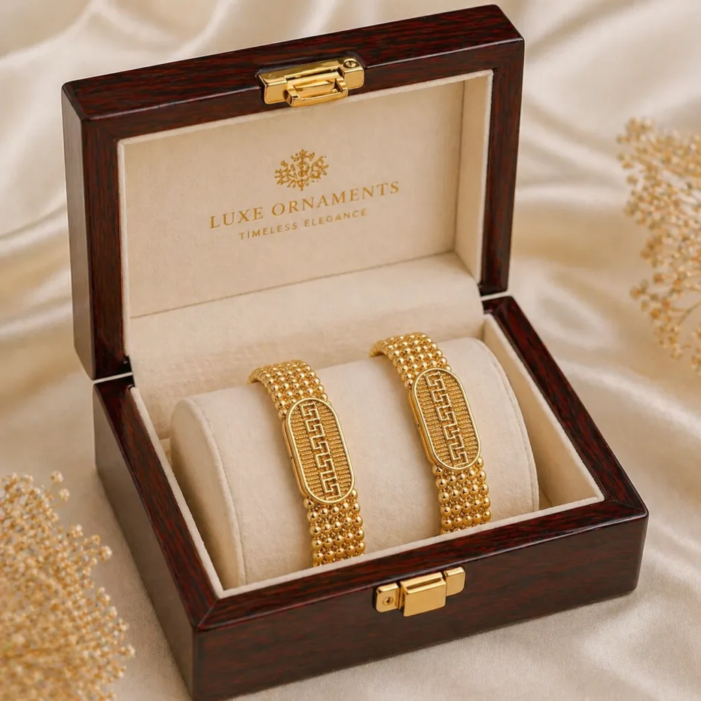 Luxe gold plated bracelet set Pakistan in a premium wooden display box