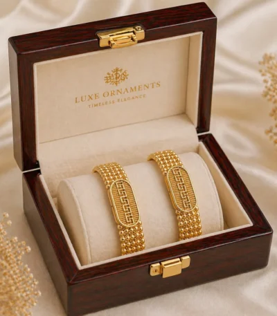 Luxe gold plated bracelet set Pakistan in a premium wooden display box