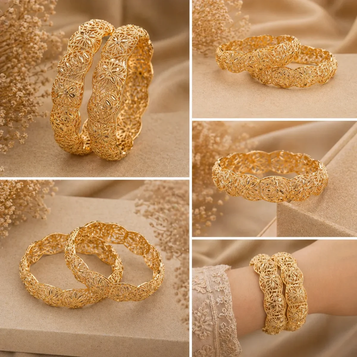 2 Radiant Floral Cutwork Bangles for Women | Irresistible Gold Finish - Image 2