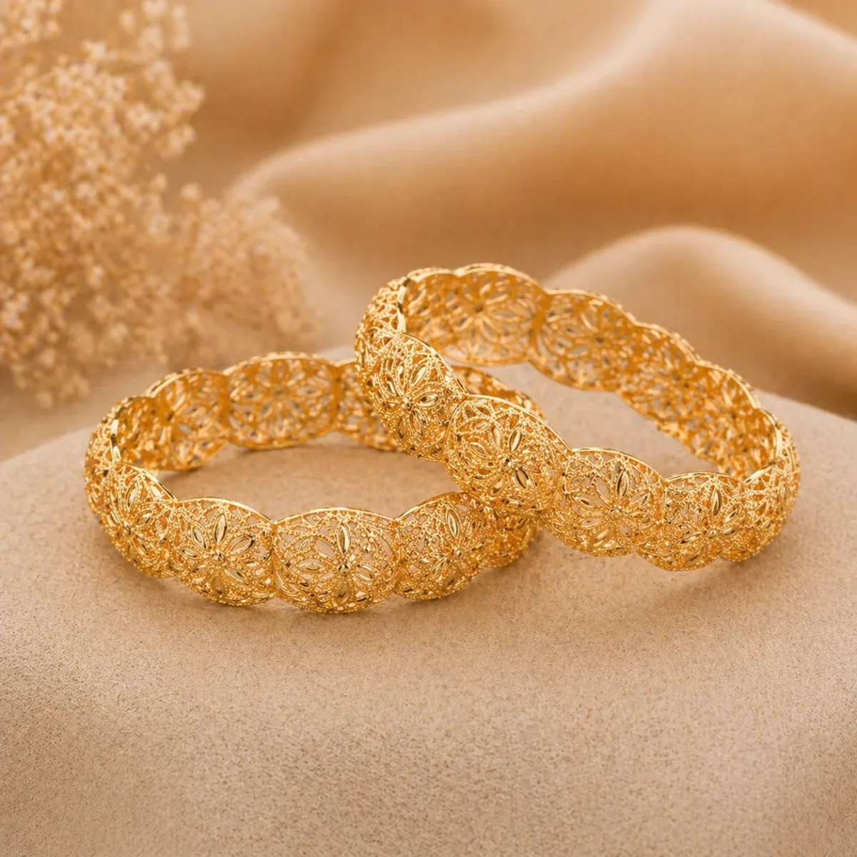 2 Radiant Floral Cutwork Bangles for Women | Irresistible Gold Finish - Image 3