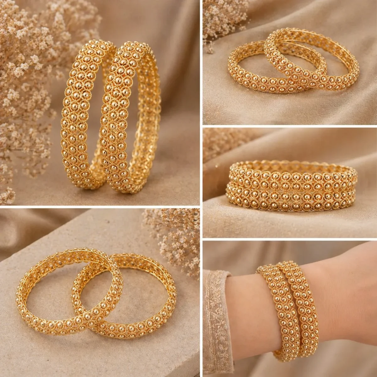 Artificial jewelry trends Pakistan 2025 — gold bangles, rings and earrings flatlay by LumiraPK