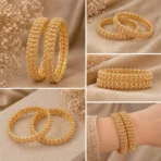 Artificial jewelry trends Pakistan 2025 — gold bangles, rings and earrings flatlay by LumiraPK