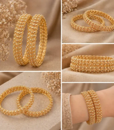 Artificial jewelry trends Pakistan 2025 — gold bangles, rings and earrings flatlay by LumiraPK