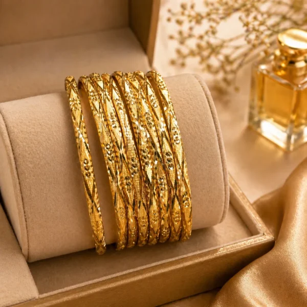 Gold textured bangles set Pakistan with elegant engraved shine