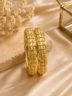 Gold plated geometric bangles Pakistan pair with engraved block pattern