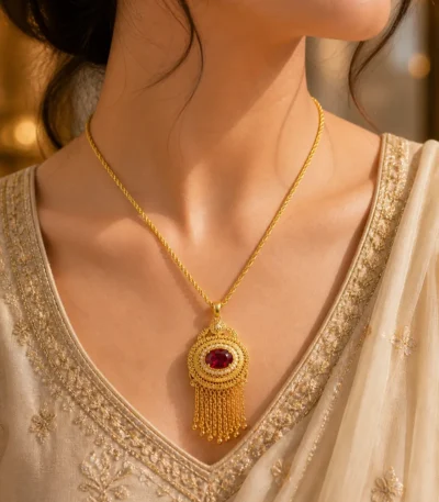 gold pendant necklace Pakistan Lumira PK Jewelry royal red gemstone