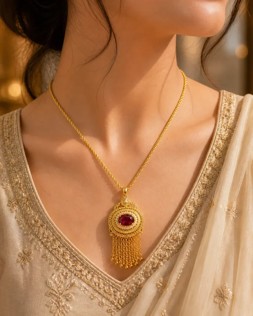 gold pendant necklace Pakistan Lumira PK Jewelry royal red gemstone