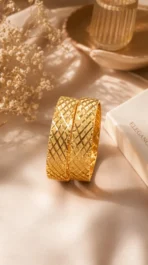 Radiant Wide Gold Bangle Pair for Women | 3-Layer Lattice-Engraved Statement Kangan - Image 3