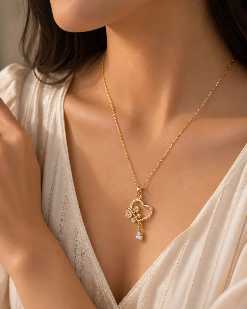 gold heart clover necklace display premium jewelry lumira pk