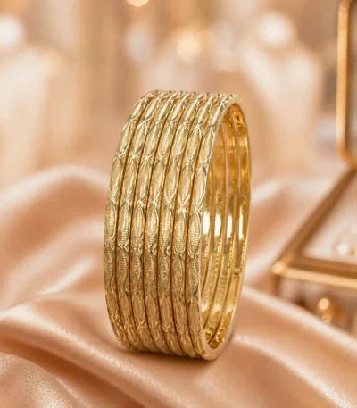 Gold bangle set Pakistan — 6-piece diamond-cut stacking bangles by LumiraPK