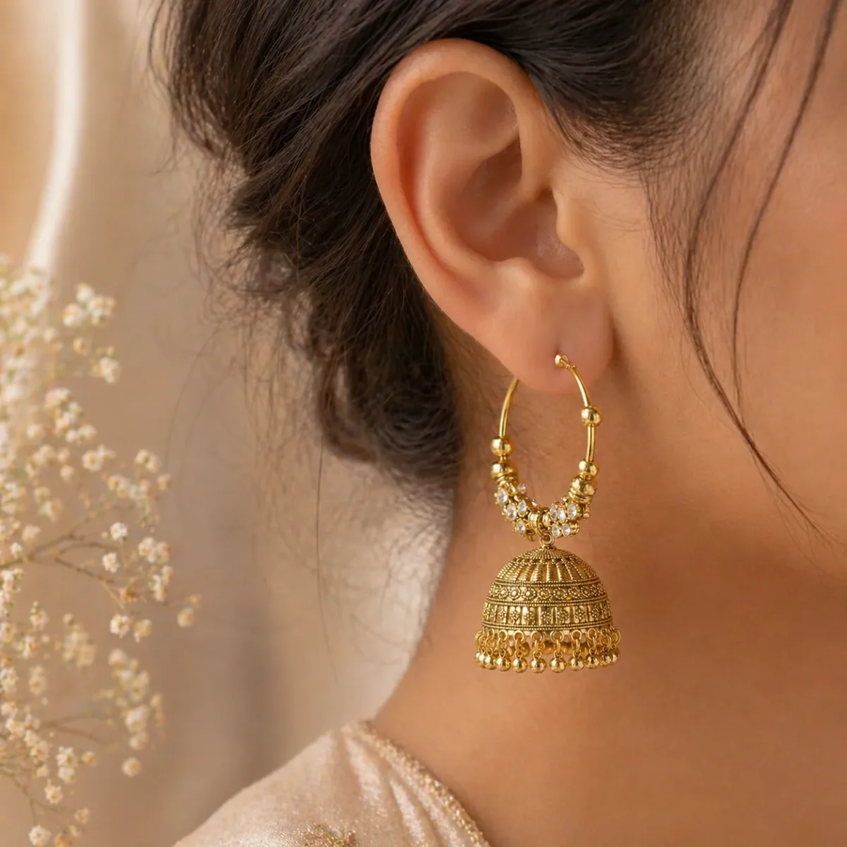 18k gold jhumka earrings pakistan with crystals and traditional dome drop design