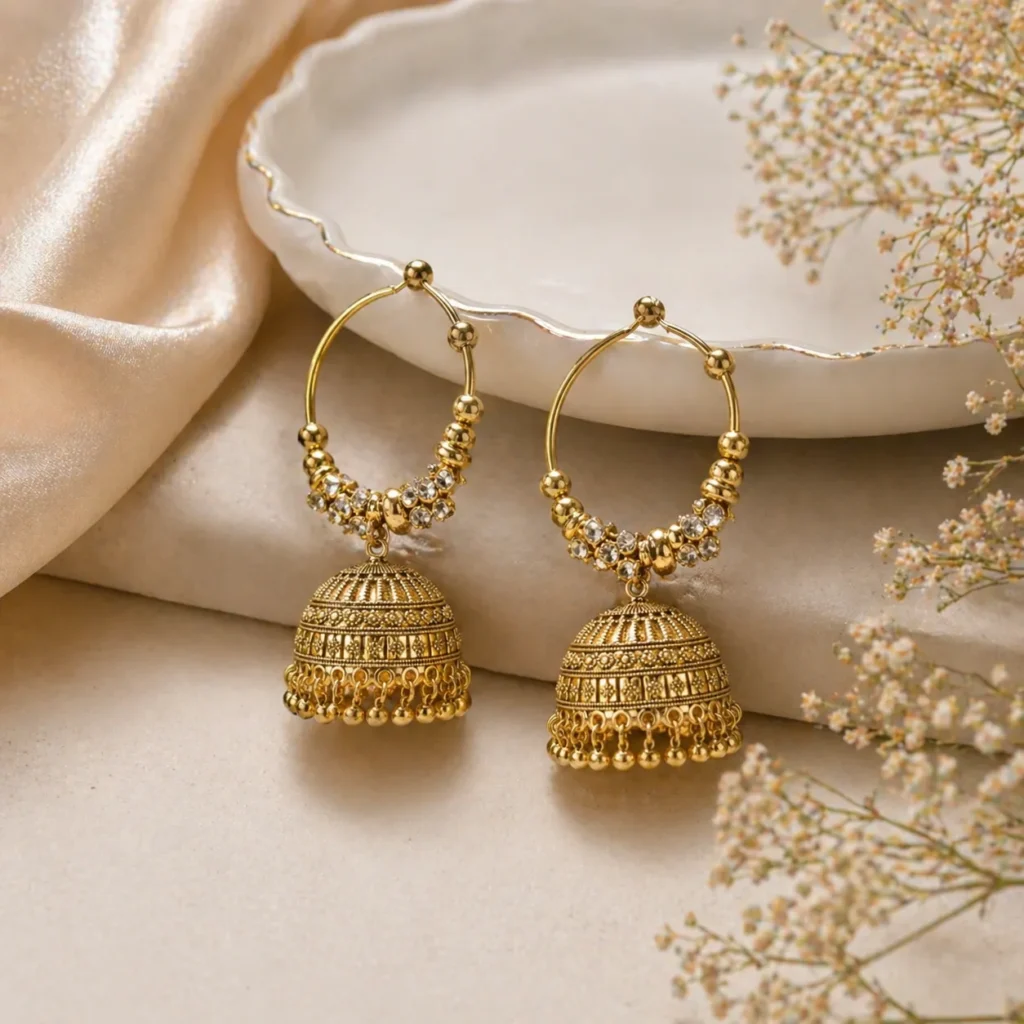 Gold jhumka earrings pakistan with crystals and dome drop design for women
