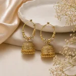 Gold jhumka earrings pakistan with crystals and dome drop design for women