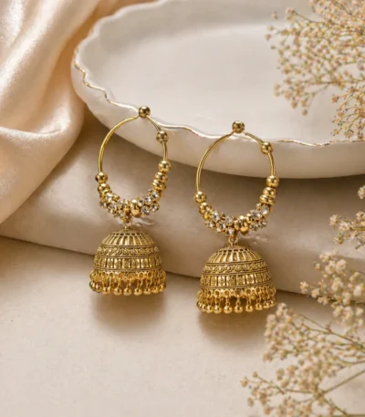 Gold jhumka earrings pakistan with crystals and dome drop design for women