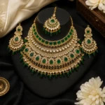 Emerald bridal necklace set Pakistan with kundan stones, green crystal drops, matching earrings, and maang tikka by Lumira PK