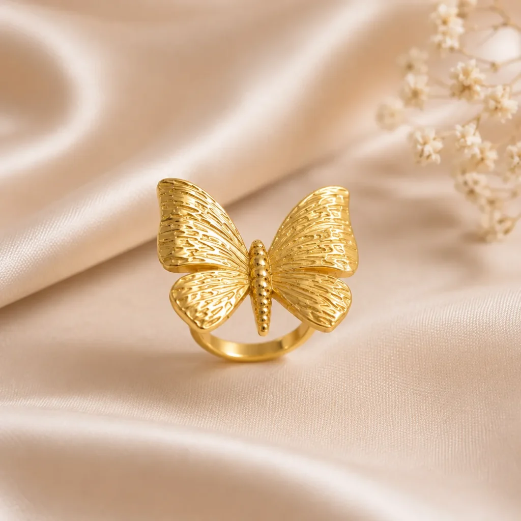 Gold butterfly ring Pakistan adjustable fashion ring with elegant textured butterfly design for women