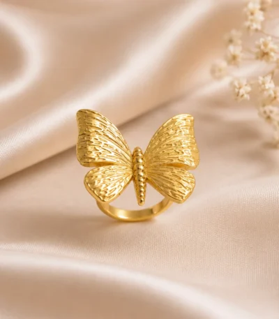 Gold butterfly ring Pakistan adjustable fashion ring with elegant textured butterfly design for women