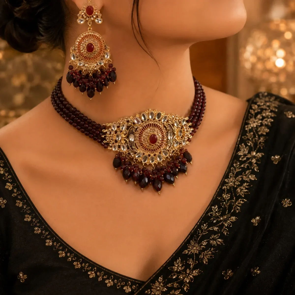 Maroon Beaded Choker Necklace Set for Women - Image 2