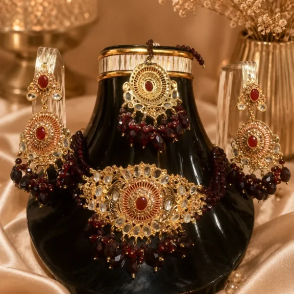 Maroon beaded choker necklace set Pakistan with matching earrings for bridal and festive wear
