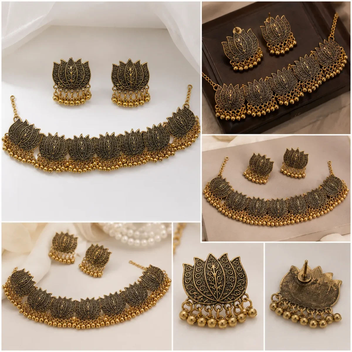Antique Lotus Choker Necklace Set for Women - Image 2