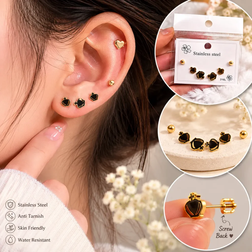 Black Heart Stud Earrings Set for Women in Pakistan