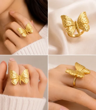 Gold butterfly ring Pakistan adjustable fashion ring with elegant textured butterfly design for women