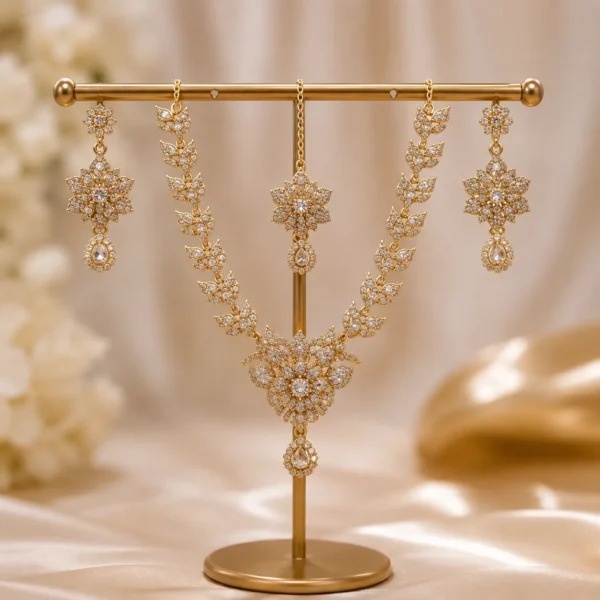 Luxury zircon necklace set with earrings and tikka for women gold plated artificial jewelry Pakistan