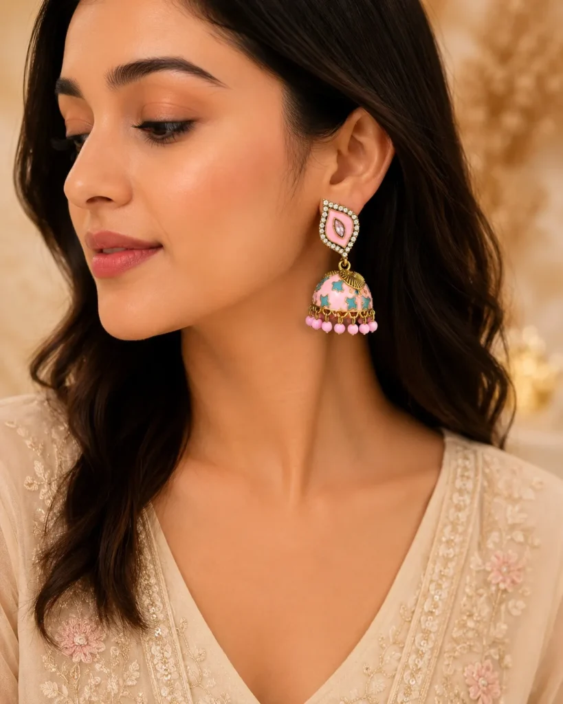 Pink meenakari jhumka earrings with crystal accents and bead drops for festive wear in Pakistan by Lumira PK