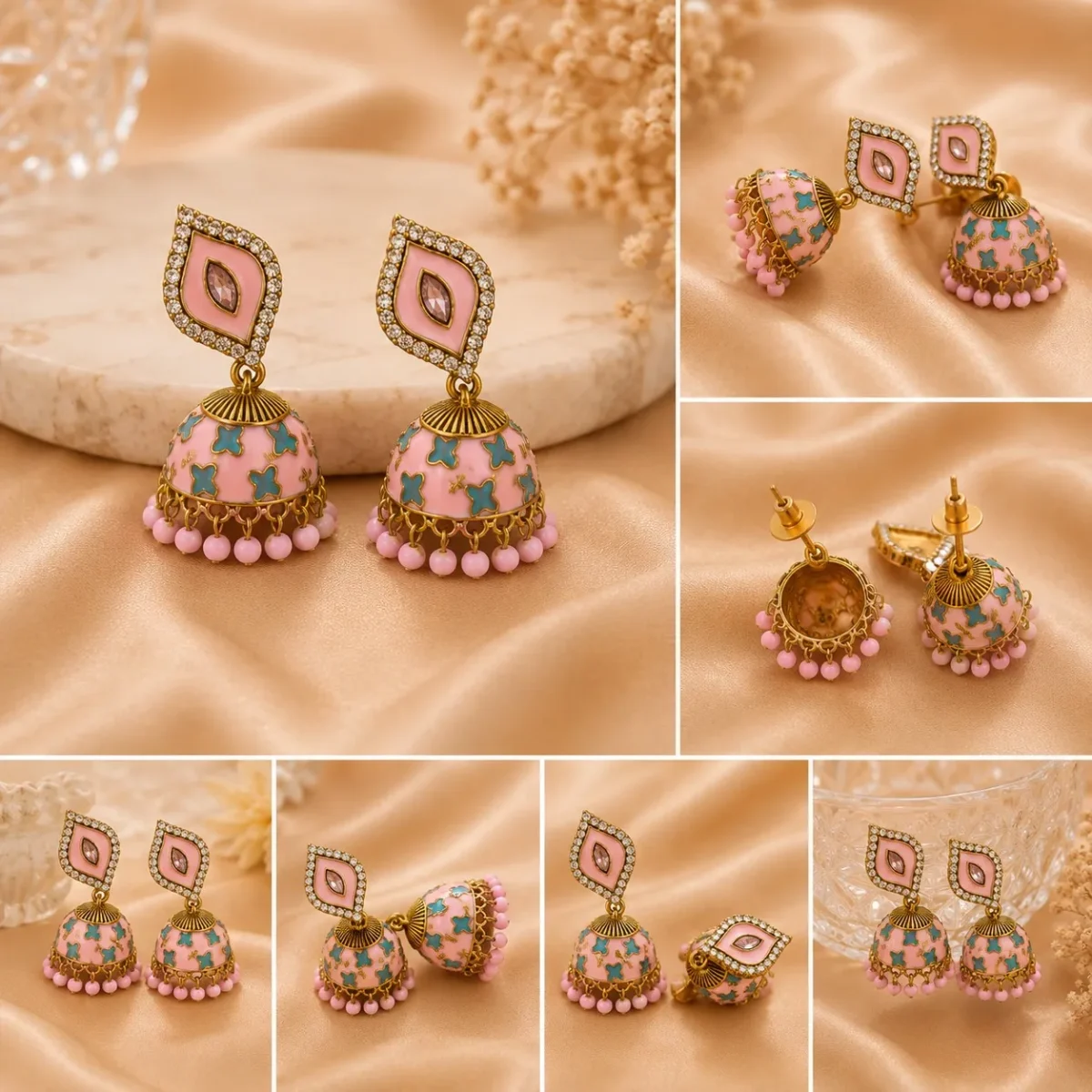 Pink meenakari jhumka earrings with crystal accents and bead drops for festive wear in Pakistan by Lumira PK