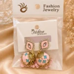 Pink meenakari jhumka earrings with crystal accents and bead drops for festive wear in Pakistan by Lumira PK