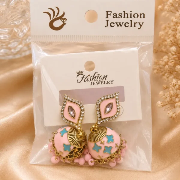 Pink meenakari jhumka earrings with crystal accents and bead drops for festive wear in Pakistan by Lumira PK