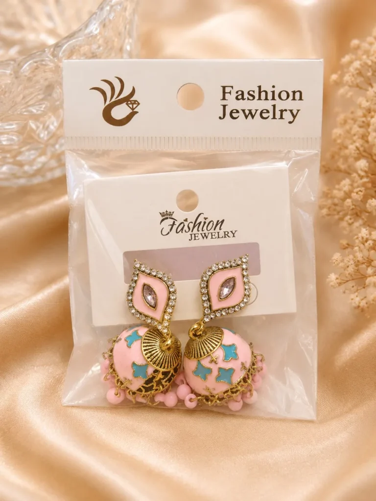 Pink meenakari jhumka earrings with crystal accents and bead drops for festive wear in Pakistan by Lumira PK