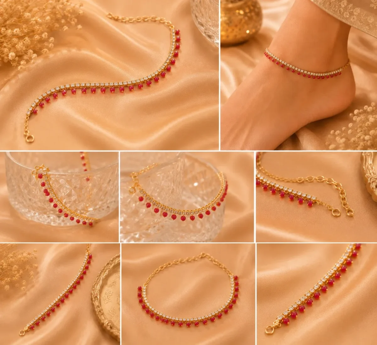 Ruby Crystal Anklet Pakistan | Festive Gold Anklet - Image 3
