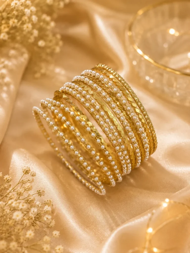 Pearl bangle set with gold-tone finish and layered pearl detailing for women in Pakistan by Lumira PK