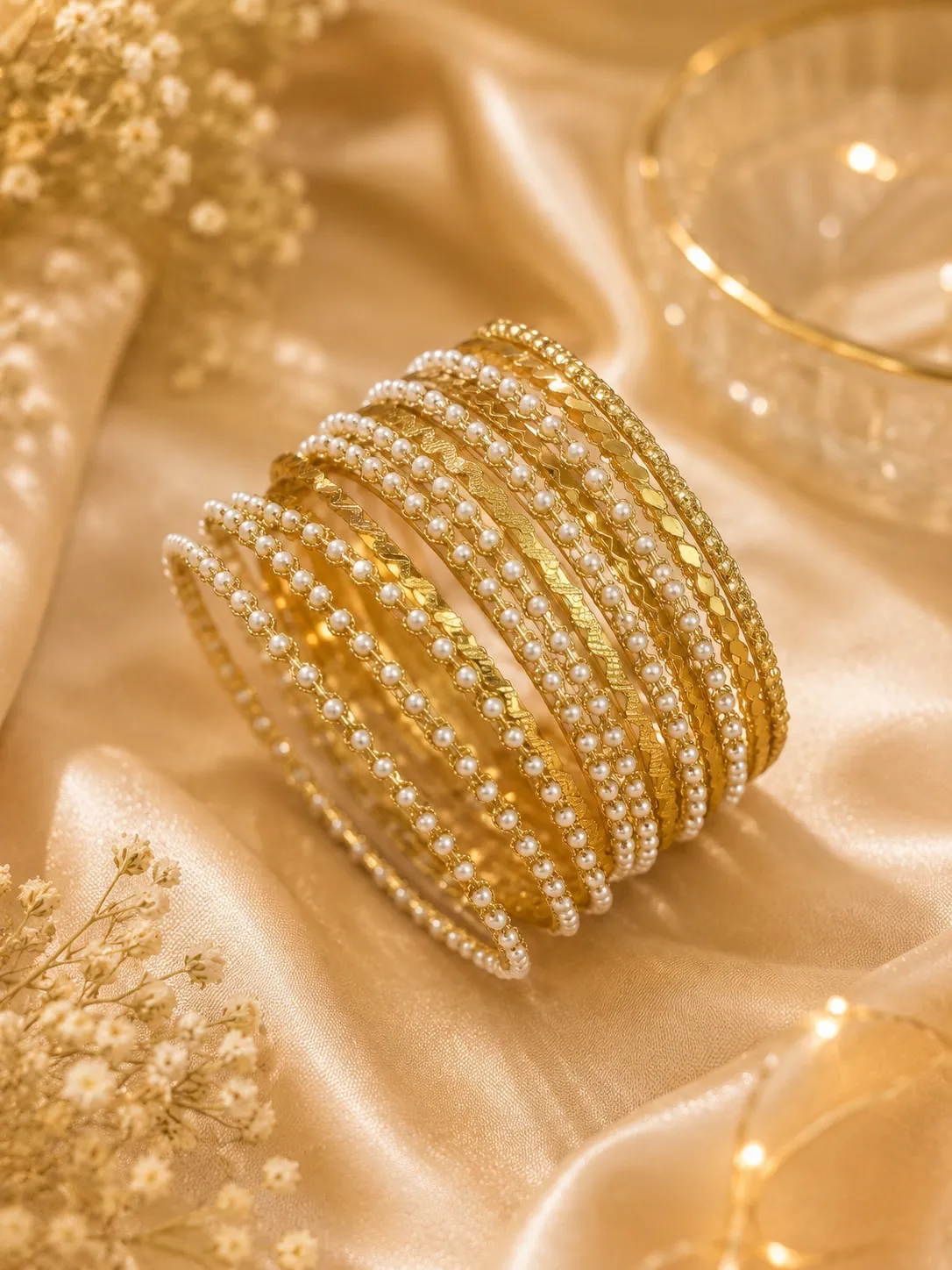 pearl-bangle-set-pakistan-lumira-pk.webp Pearl bangle set with gold-tone finish and layered pearl detailing for women in Pakistan by Lumira PK