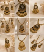 Black antique necklace set Pakistan featuring vintage coin charms, black stone detailing, and matching earrings by Lumira PK