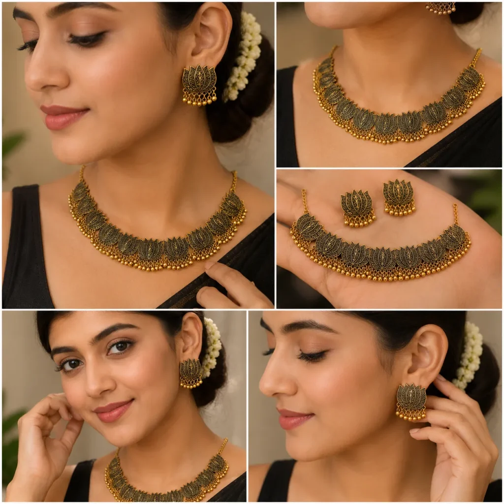 Antique Lotus Choker Necklace Set for Women Pakistan