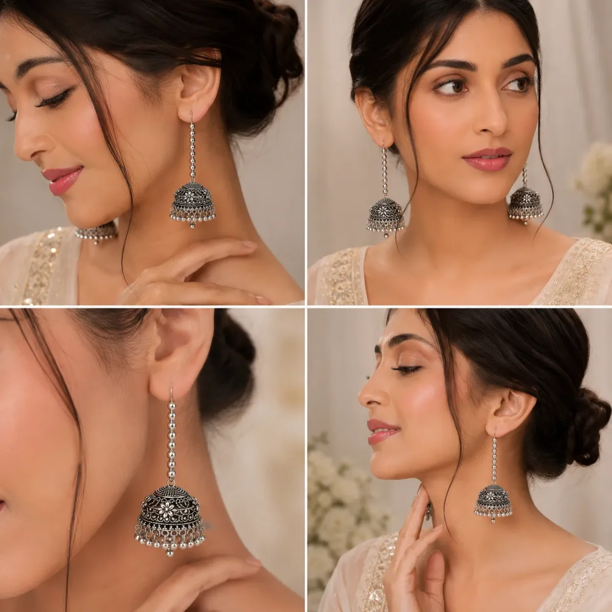 Silver Oxidized Long Jhumka Earrings for Women - Image 3