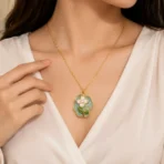 Gold plated floral pearl pendant necklace with blue enamel flower design for women in Pakistan